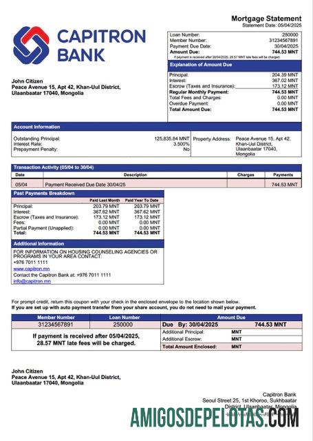 em branco Modelo Word e PDF de extrato de hipoteca do Banco Capitron da Mongólia